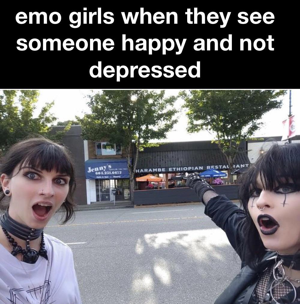 hilarious memes - harambe ethiopian restaurant meme - emo girls when they see someone happy and not depressed S Jenny 60 1.251.6672 Harambe Ethiopian Restal Pant