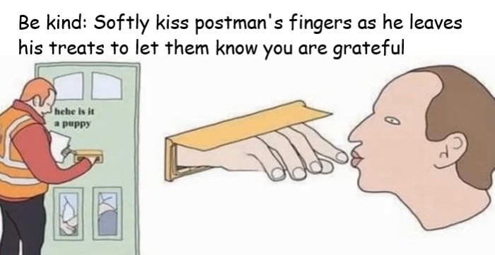 hilarious memes - random acts of kindness softly kiss the postmans fingers - Be kind Softly kiss postman's fingers as he leaves his treats to let them know you are grateful hehe is it a puppy
