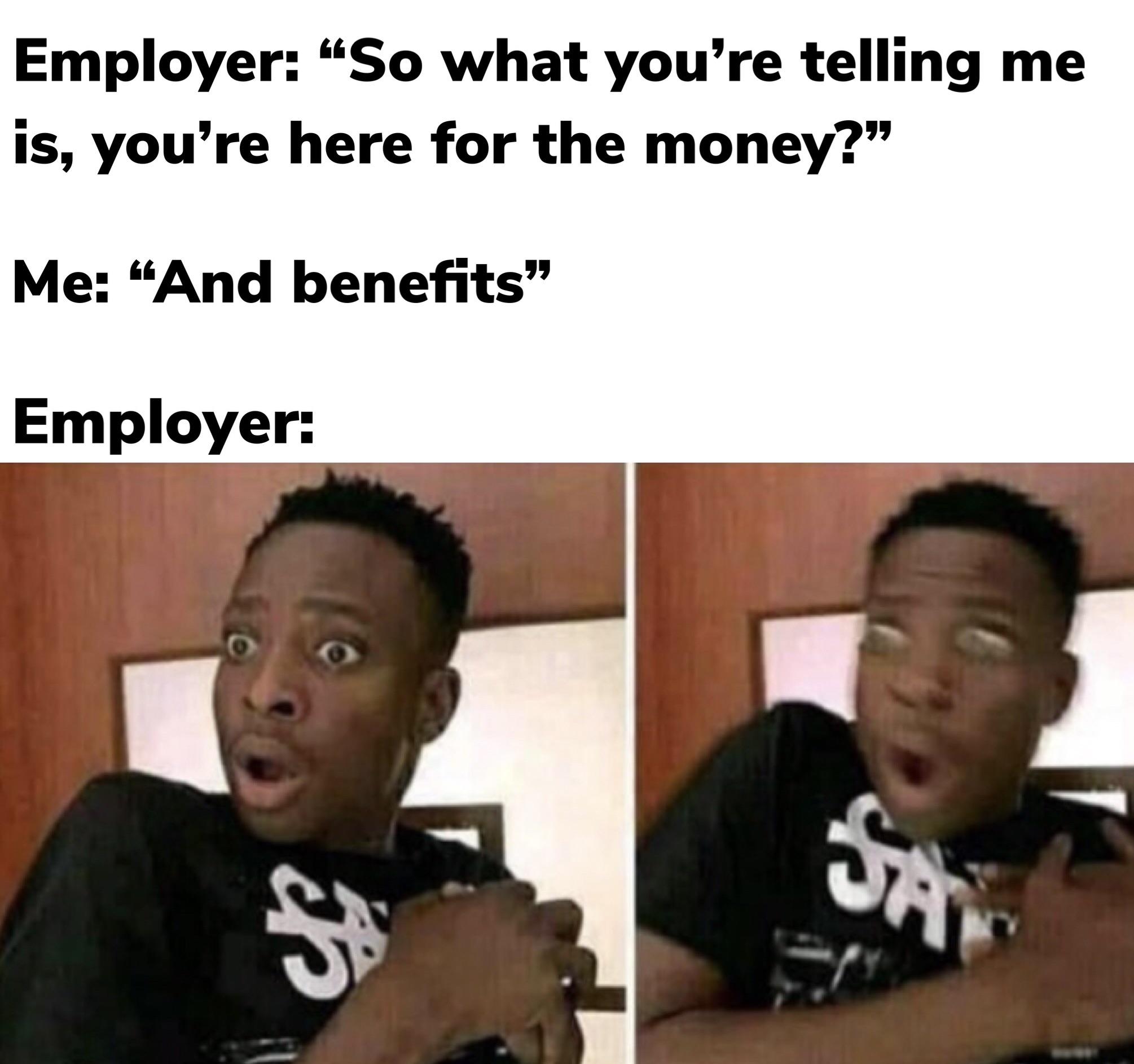 hilarious memes - employer meme - Employer "So what you're telling me is, you're here for the money?" Me "And benefits" Employer Sa so S