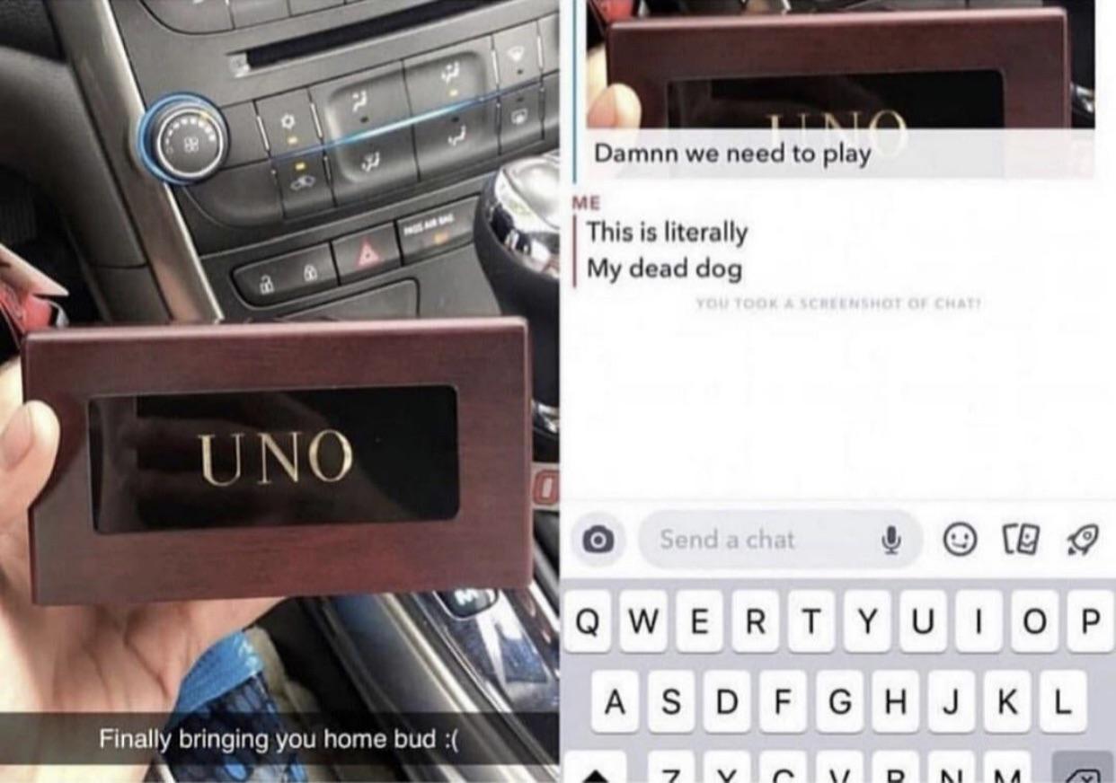 cringeworthy pics - uno dog meme - Damnn we need to play Me This is literally My dead dog You Took A Schemshot Of Chat Uno o Send a chat @ Qwertyuio P Asdfghjkl A S D F G H J K L M Finally bringing you home bud z > c Y D 7