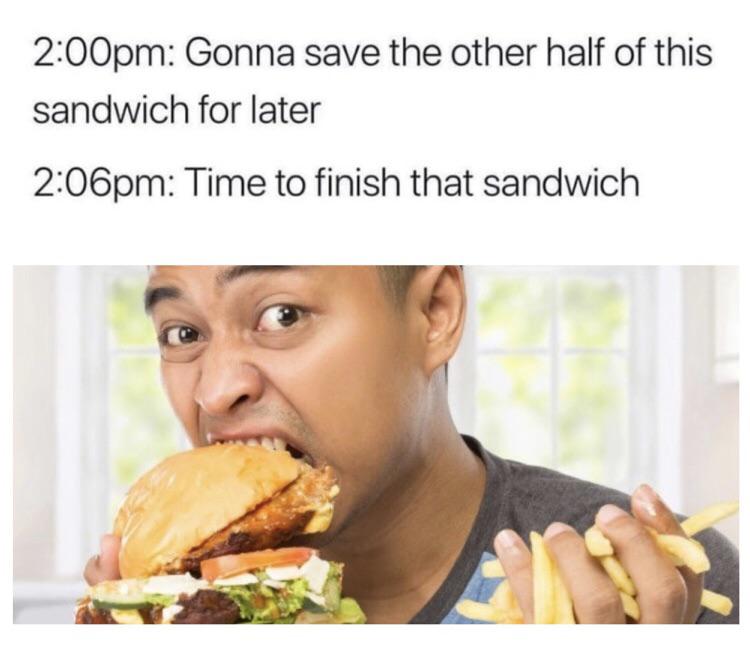 dank memes - holding chips and burger - pm Gonna save the other half of this sandwich for later pm Time to finish that sandwich