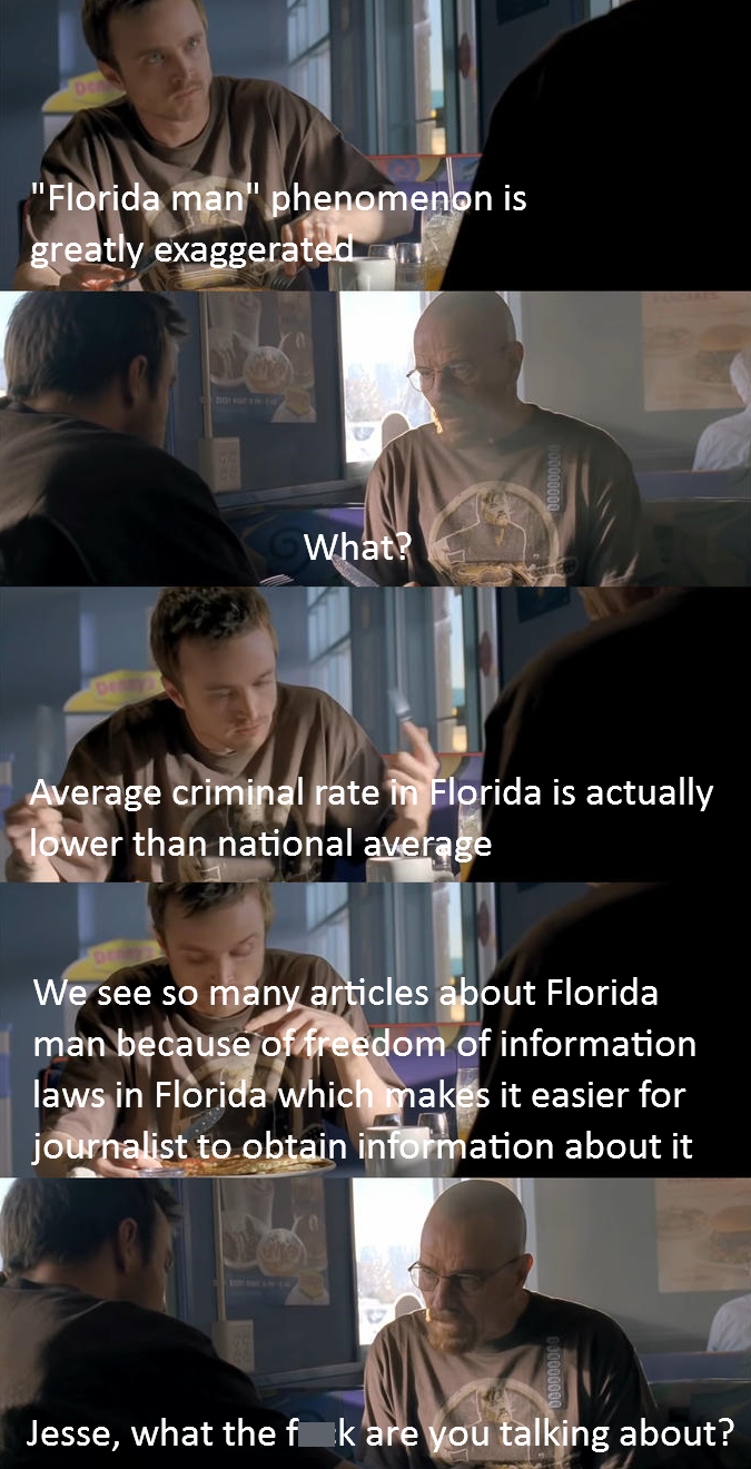 funny memes - new memes - sigma male jokes - "Florida man" phenomenon is greatly exaggerated What? Average criminal rate in Florida is actually lower than national average We see so many articles about Florida man because of freedom of information laws in