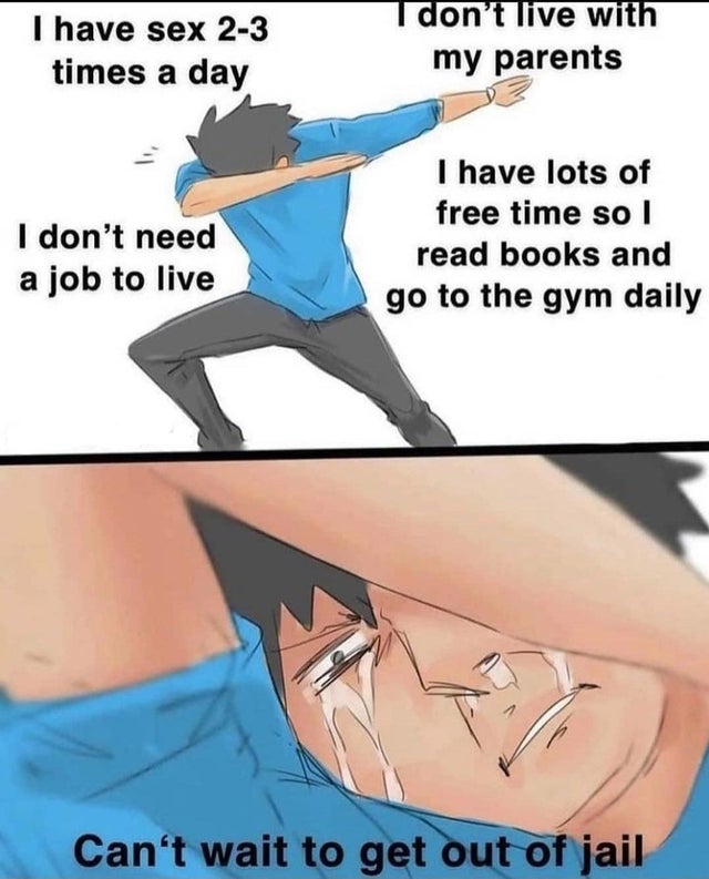sigma grindset meme - I have sex 23 times a day 1 don't live with my parents I don't need a job to live I have lots of free time so I read books and go to the gym daily Can't wait to get out of jail