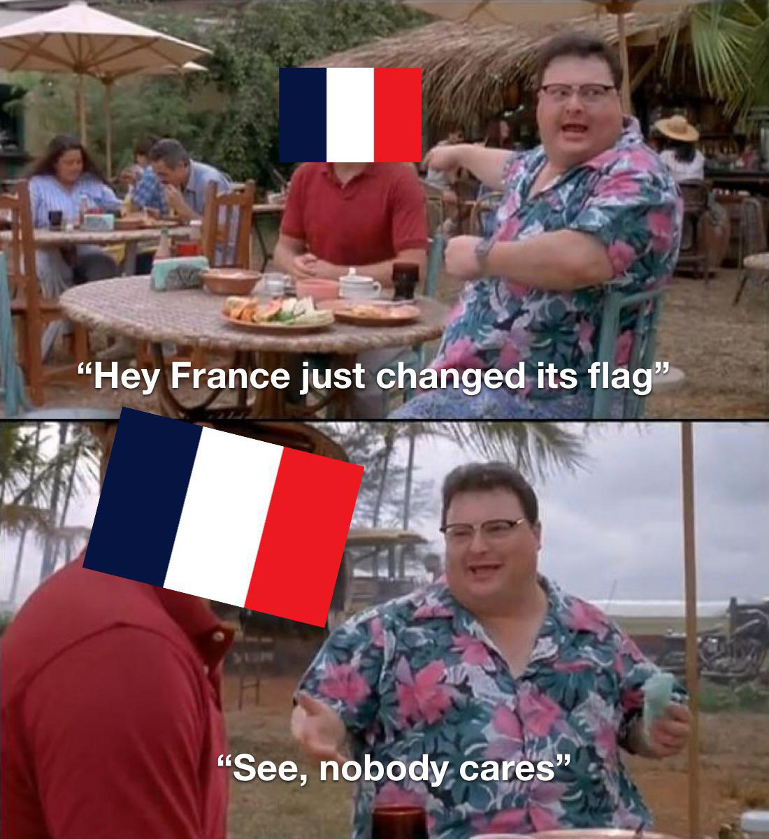 dank memes - funny memes - see nobody cares meme - "Hey France just changed its flag" "See, nobody cares"