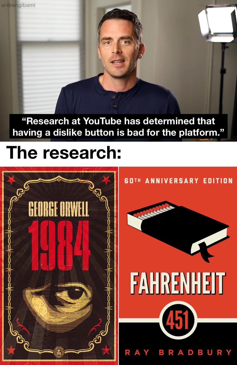 dank memes - funny memes - fahrenheit 451 book cover - udrengibami "Research at YouTube has determined that having a dis button is bad for the platform. The research 60TH Anniversary Edition George Orwell Sasa 1984 lisesi Fahrenheit 451 Ray Bradbury