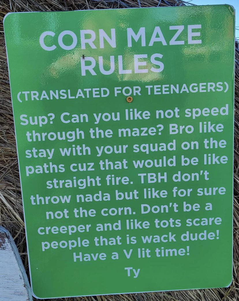 amo a tokio hotel - Corn Maze Rules Translated For Teenagers Sup? Can you not speed through the maze? Bro stay with your squad on the paths cuz that would be straight fire. Tbh don't throw nada but for sure not the corn. Don't be a creeper and tots scare 