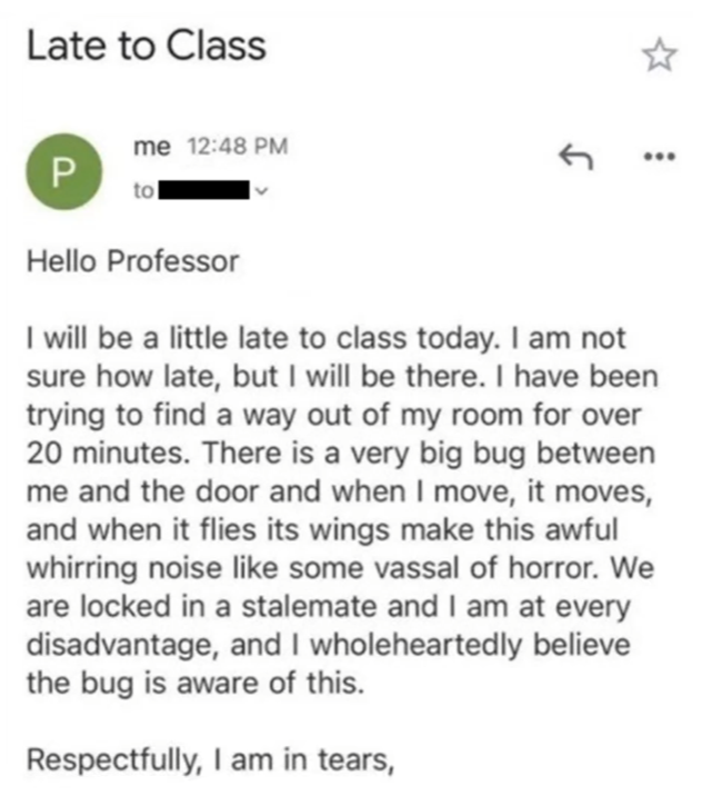 funny memes - conclusion - Late to Class me to 6 Hello Professor I will be a little late to class today. I am not sure how late, but I will be there. I have been trying to find a way out of my room for over 20 minutes. There is a very big bug between me a