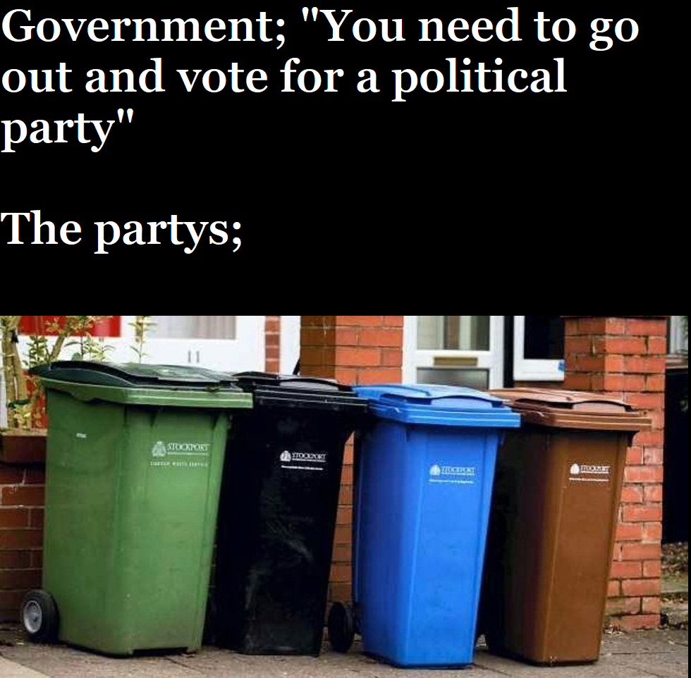 funny memes - waste container - Government; "You need to go out and vote for a political party" The partys; Serie
