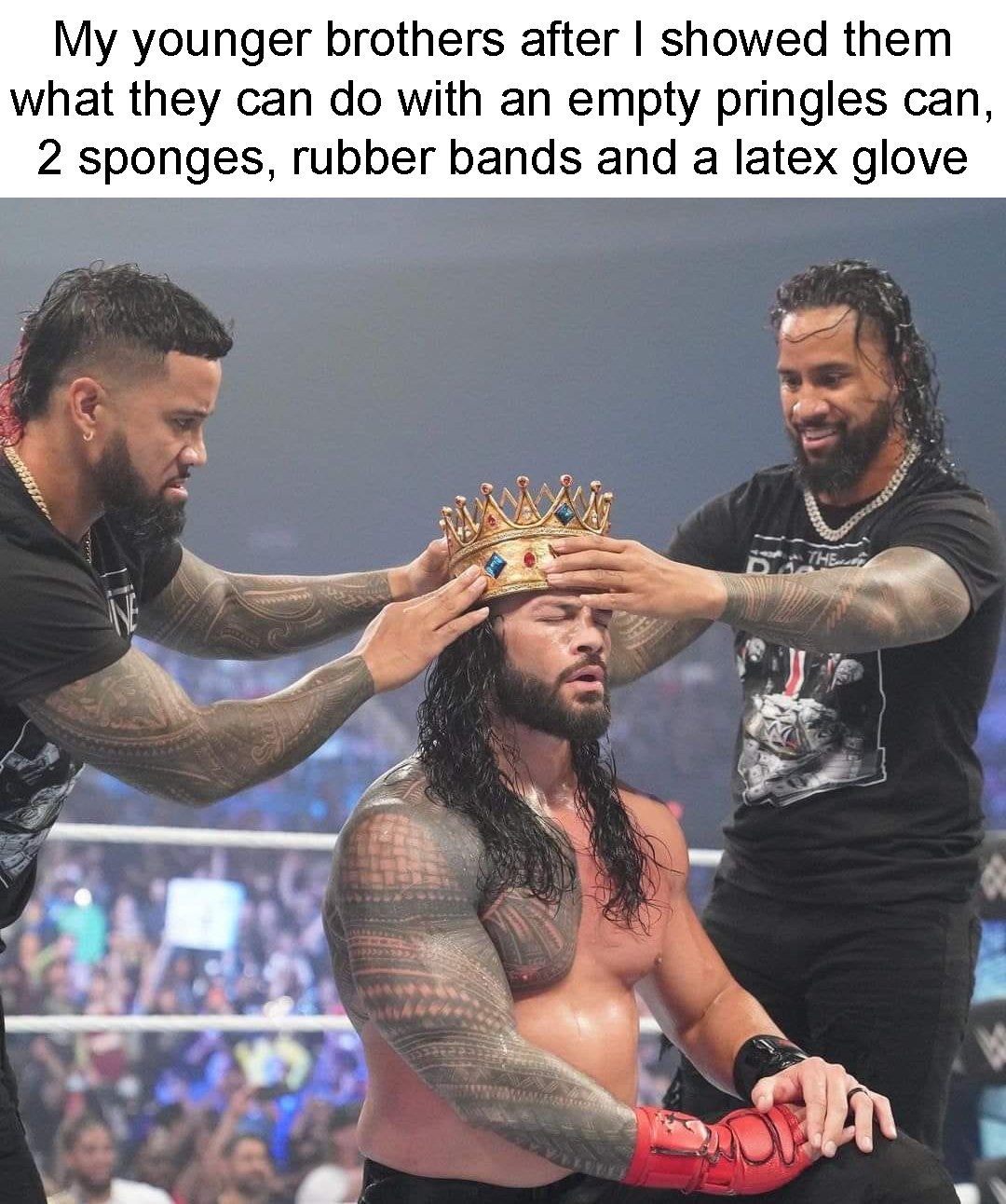 funny memes - WWE SmackDown - My younger brothers after I showed them what they can do with an empty pringles can, 2 sponges, rubber bands and a latex glove
