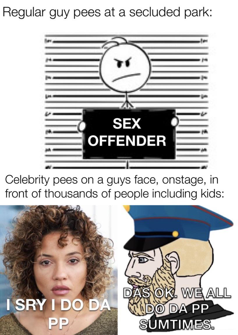 fresh memes - cartoon - Regular guy pees at a secluded park Sex Offender Celebrity pees on a guys face, onstage, in front of thousands of people including kids I Sry I Do Da Pp Das Ok. We All Do Da Pp Sumtimes.