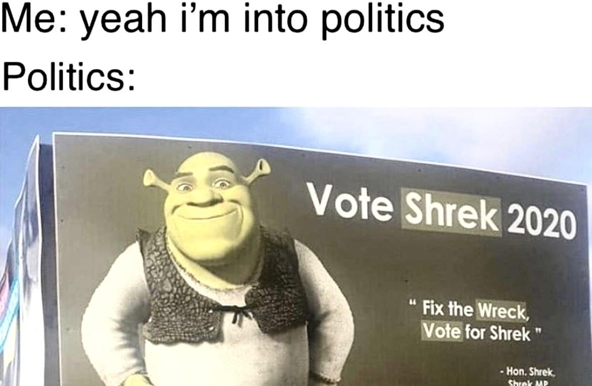 rick astley shrek - Me yeah I'm into politics Politics Vote Shrek 2020 Fix the Wreck, Vote for Shrek Hon. Shrek Shrek Mp