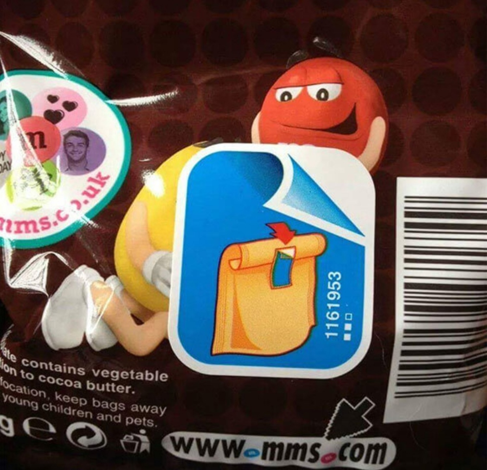 m&ms sticker - n ams. co.uk 1161953 ale ion to Cocoa butter. contains vegetable location, keep bags away Young children and pets. ge