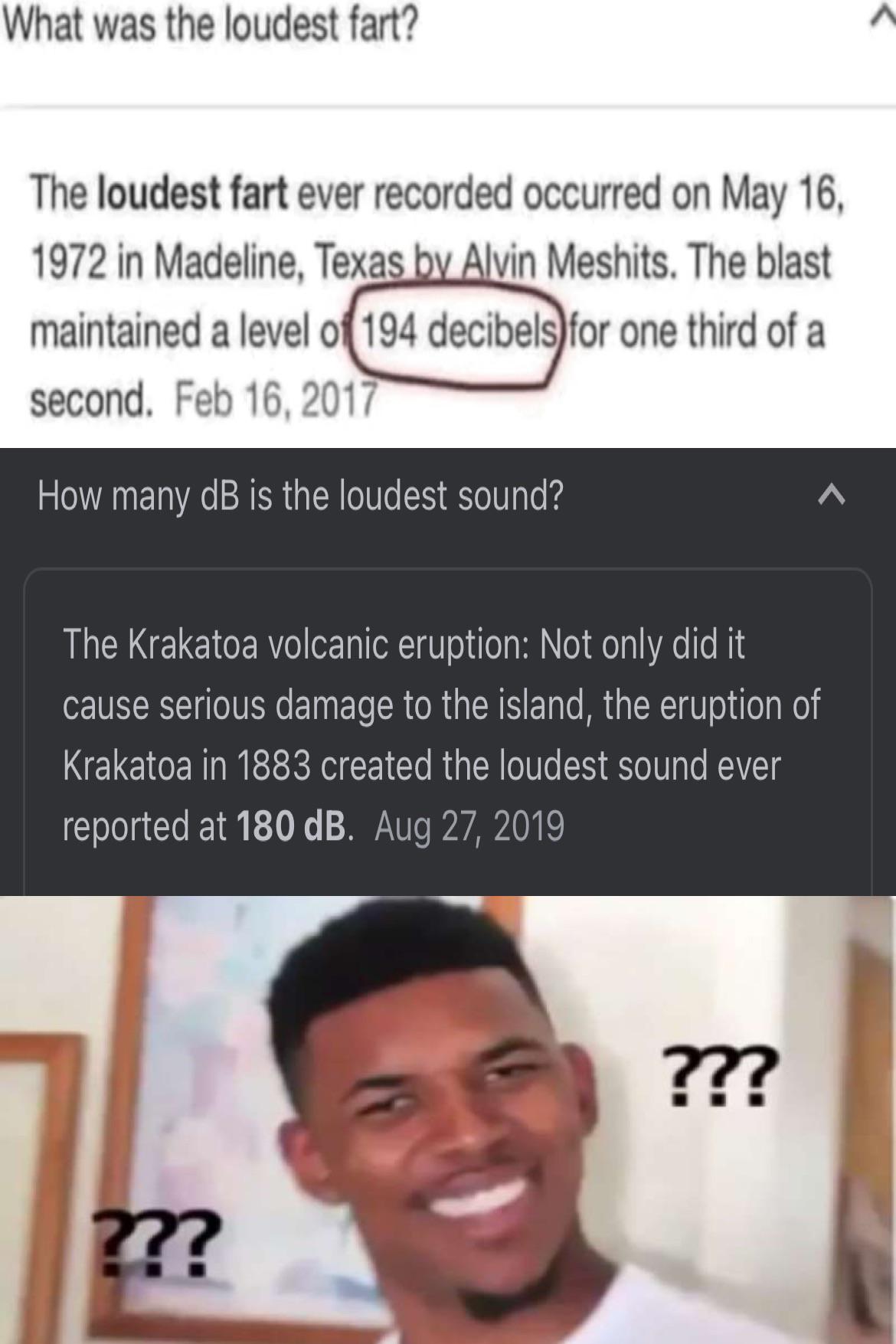 dank memes - funny memes - aromantic memes - What was the loudest fart? The loudest fart ever recorded occurred on in Madeline, Texas by Alvin Meshits. The blast maintained a level of 194 decibelsfor one third of a second. How many dB is the loudest sound