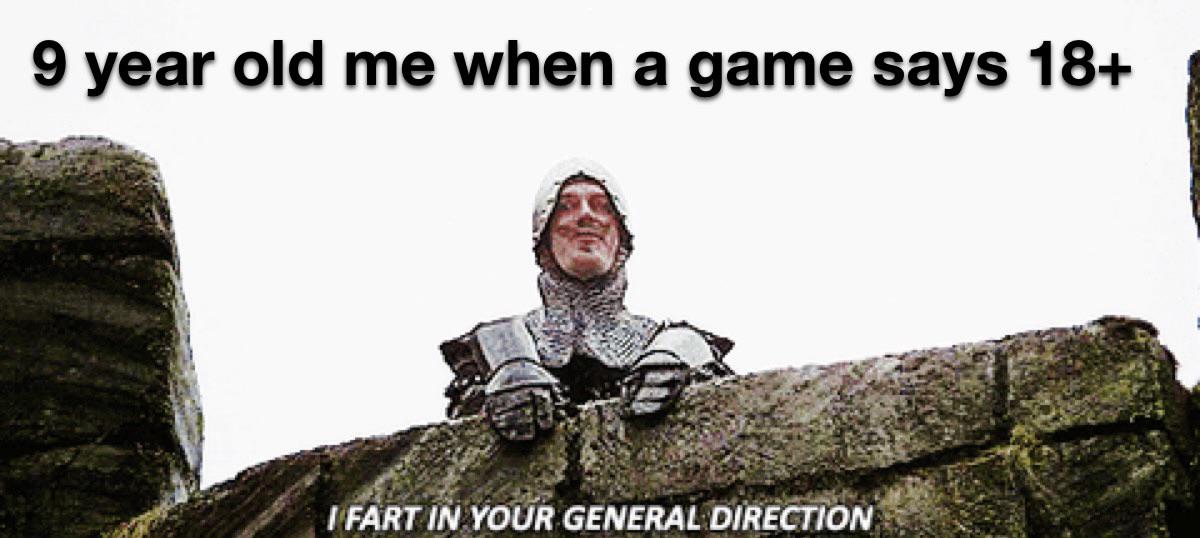 dank memes - funny memes - fart in your general direction gif - 9 year old me when a game says 18 I Fart In Your General Direction