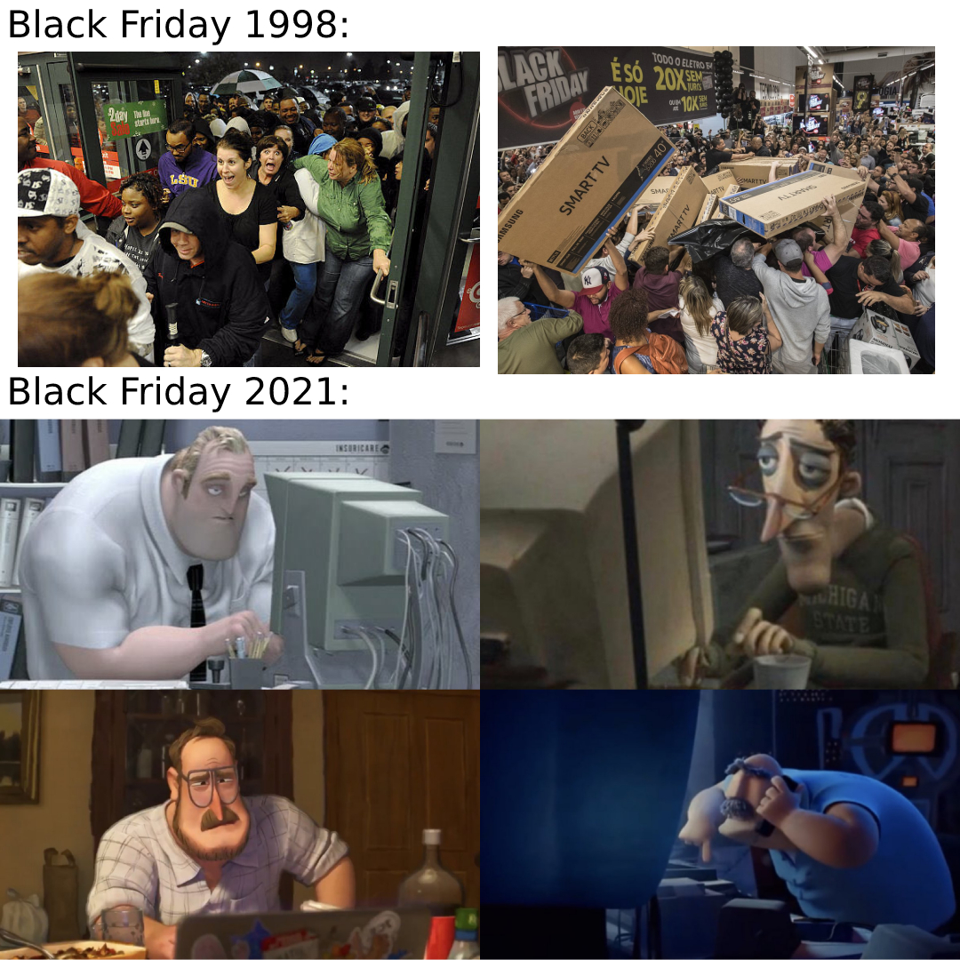 funny memes - cartoon dads on computers - Black Friday 1998 Lack .2013 Friday Ee Smart Tv Black Friday 2021 Srce