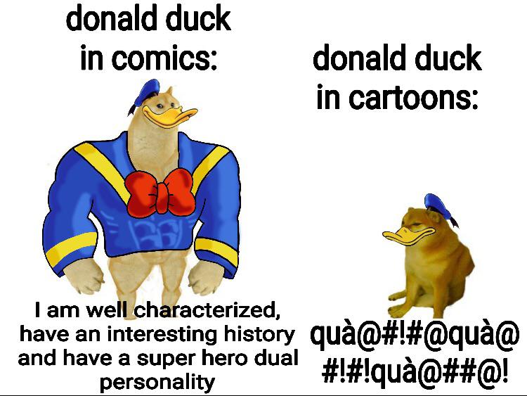 funny memes - beak - donald duck in comics donald duck in cartoons I am well characterized, have an interesting history qu@##@ and have a super hero dual #!qu@##@! personality