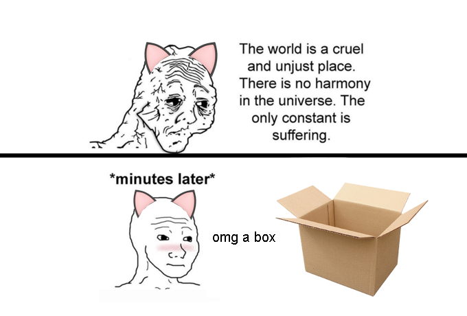 funny memes - sneed meme - The world is a cruel and unjust place. There is no harmony in the universe. The only constant is suffering. minutes later omg a box