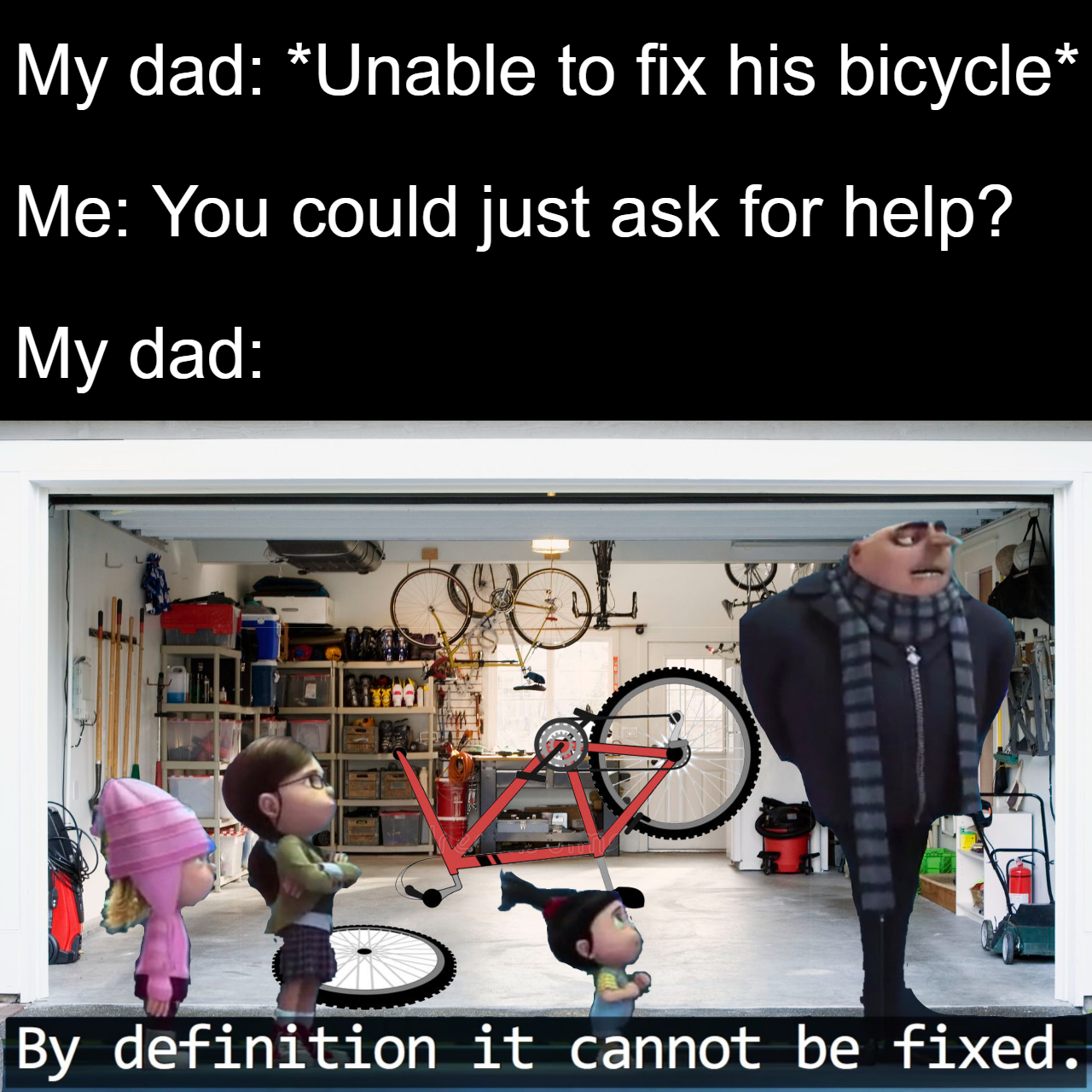 funny memes - politie - My dad Unable to fix his bicycle Me You could just ask for help? My dad By definition it cannot be fixed.