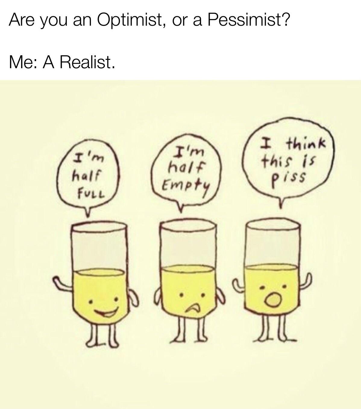 funny memes - toxicology funny - Are you an Optimist, or a Pessimist? Me A Realist. I'm half I think this is piss half Full Empty ll