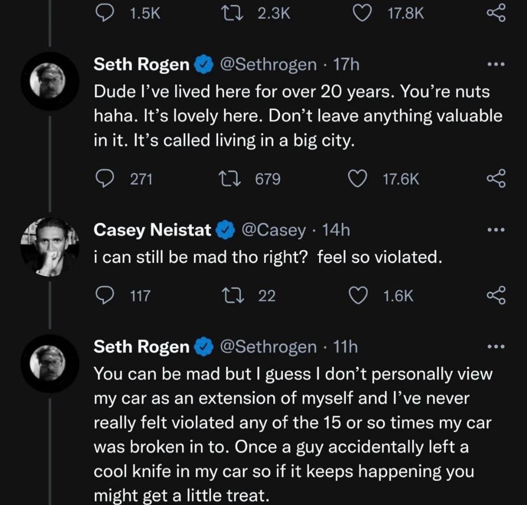 cringe - cringetopia - screenshot - 27 o . Seth Rogen 17h Dude I've lived here for over 20 years. You're nuts haha. It's lovely here. Don't leave anything valuable in it. It's called living in a big city. 271 12 679 . .. Casey Neistat 14h i can still be m