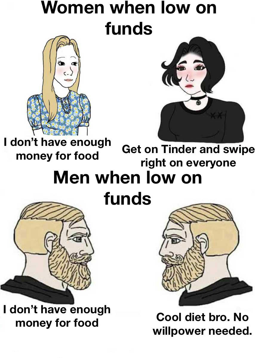 edgy teens - Women when low on funds I don't have enough Get on Tinder and swipe money for food right on everyone Men when low on funds I don't have enough money for food Cool diet bro. No willpower needed.