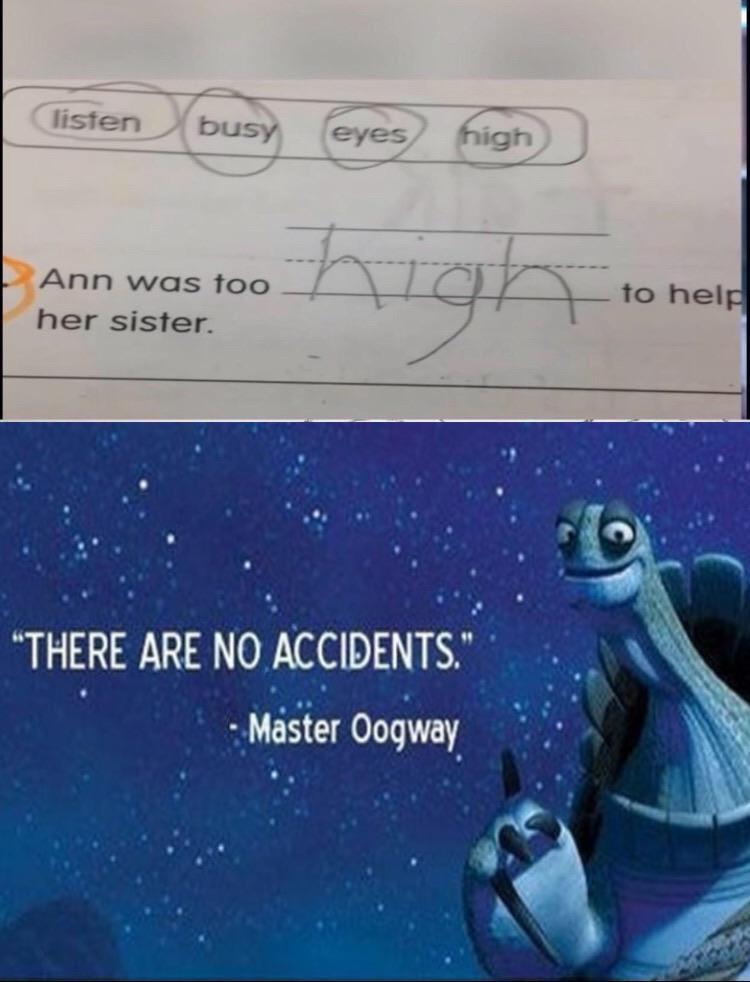 hilarious memes - there are no accidents master oogway - listen busy eyes high Ann was too her sister. high to help "There Are No Accidents." Master Oogway