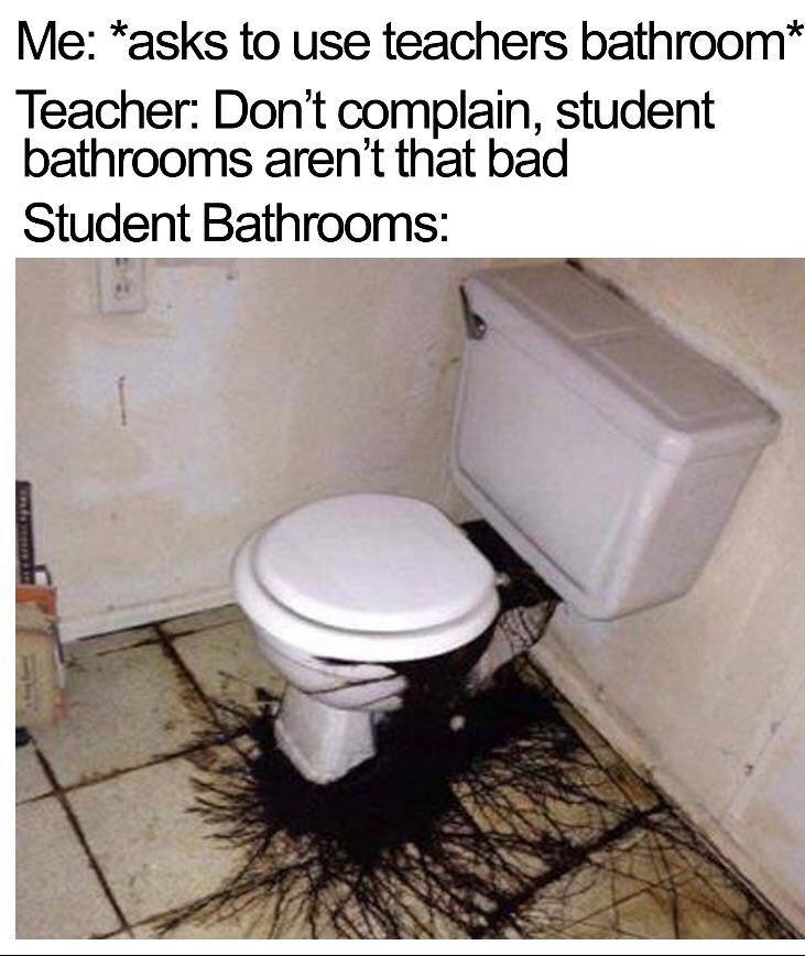 dank memes - hospital brookhaven - Me asks to use teachers bathroom Teacher Don't complain, student bathrooms aren't that bad Student Bathrooms
