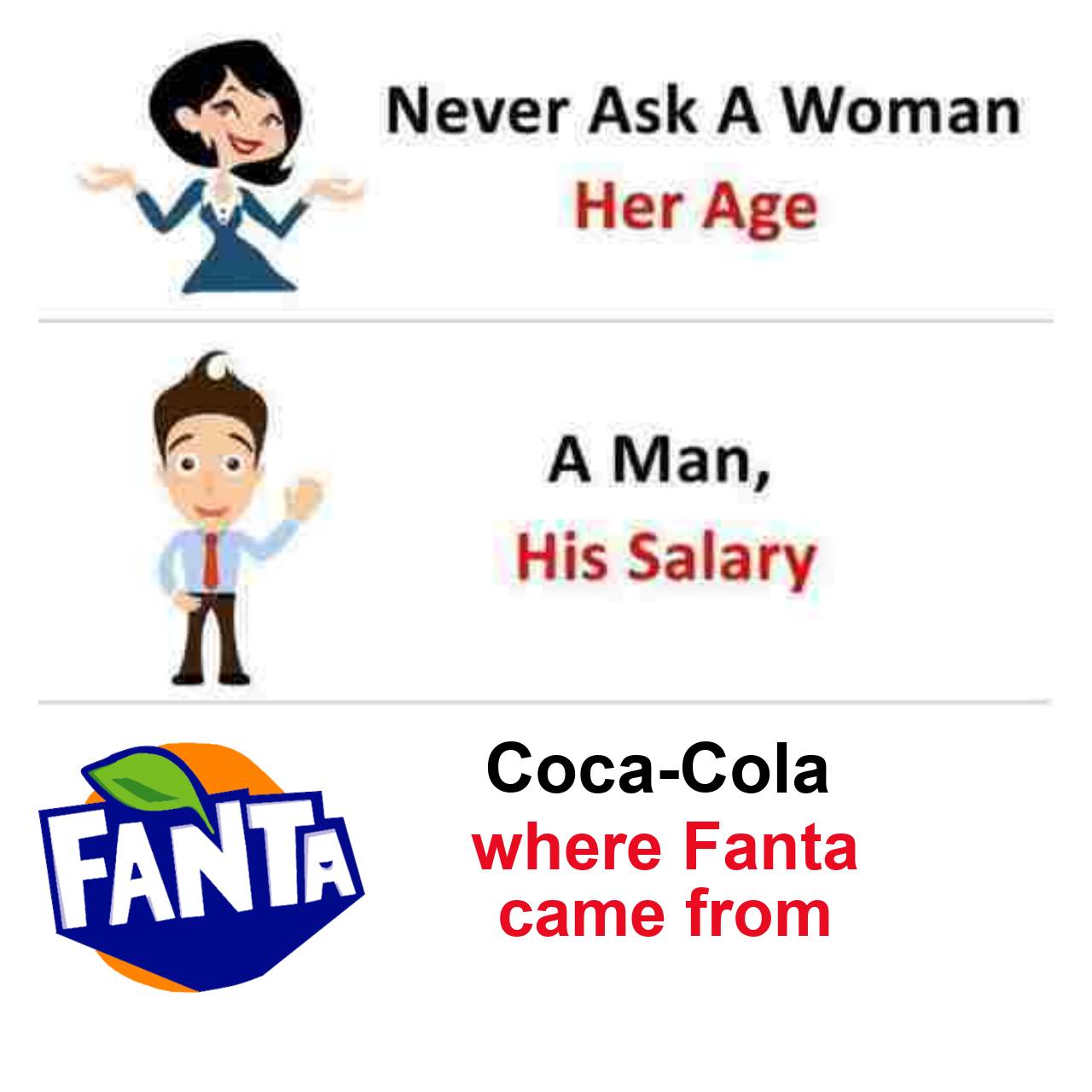 fresh memes - taiwan a country meme - Never Ask A Woman Her Age A Man, His Salary M Fanta CocaCola where Fanta came from