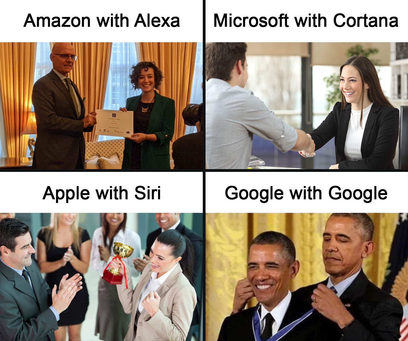 fresh memes - people who laugh at their own jokes - Amazon with Alexa Microsoft with Cortana Apple with Siri Google with Google
