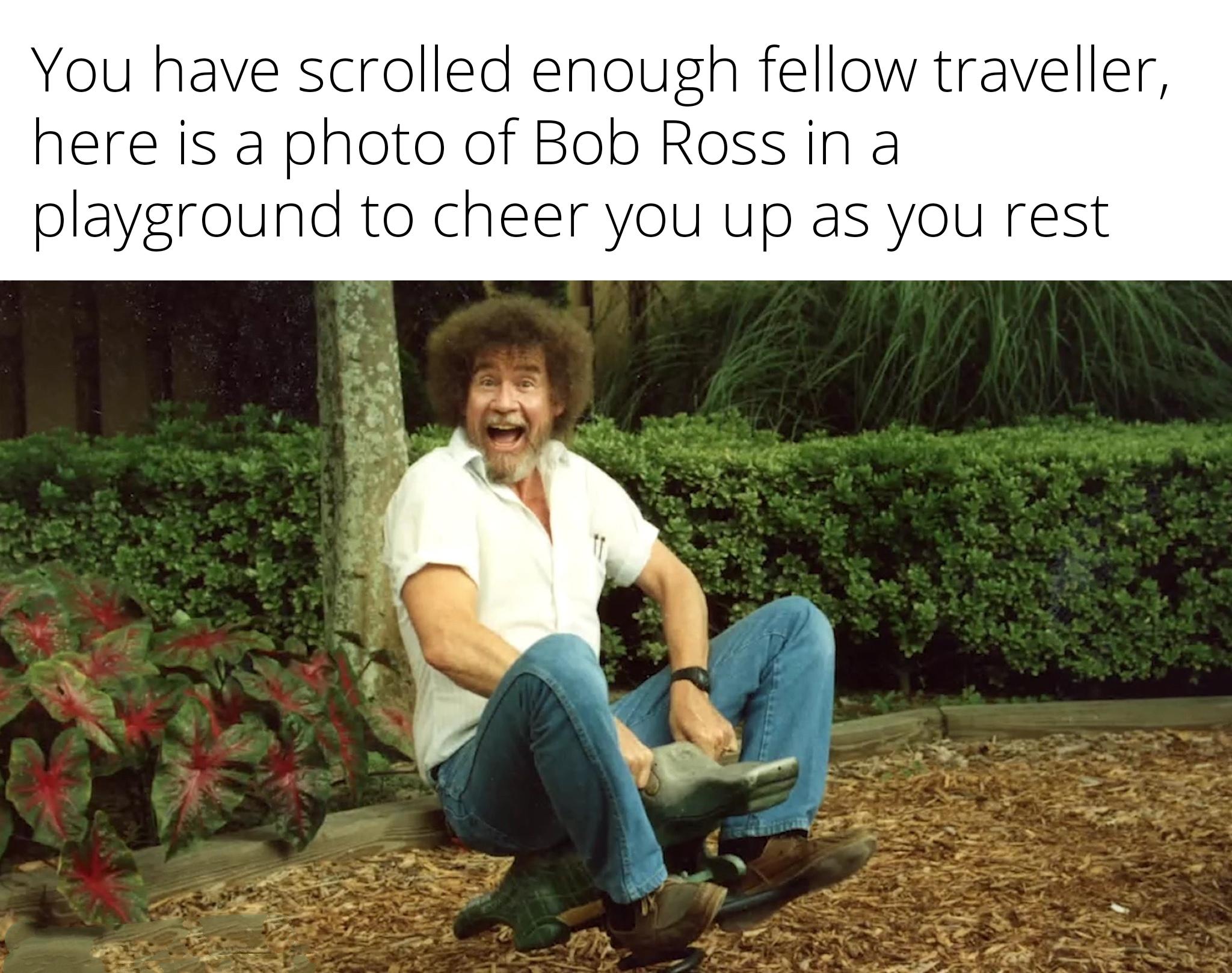 funny memes - bob ross documentary netflix - You have scrolled enough fellow traveller, here is a photo of Bob Ross in a playground to cheer you up as you rest