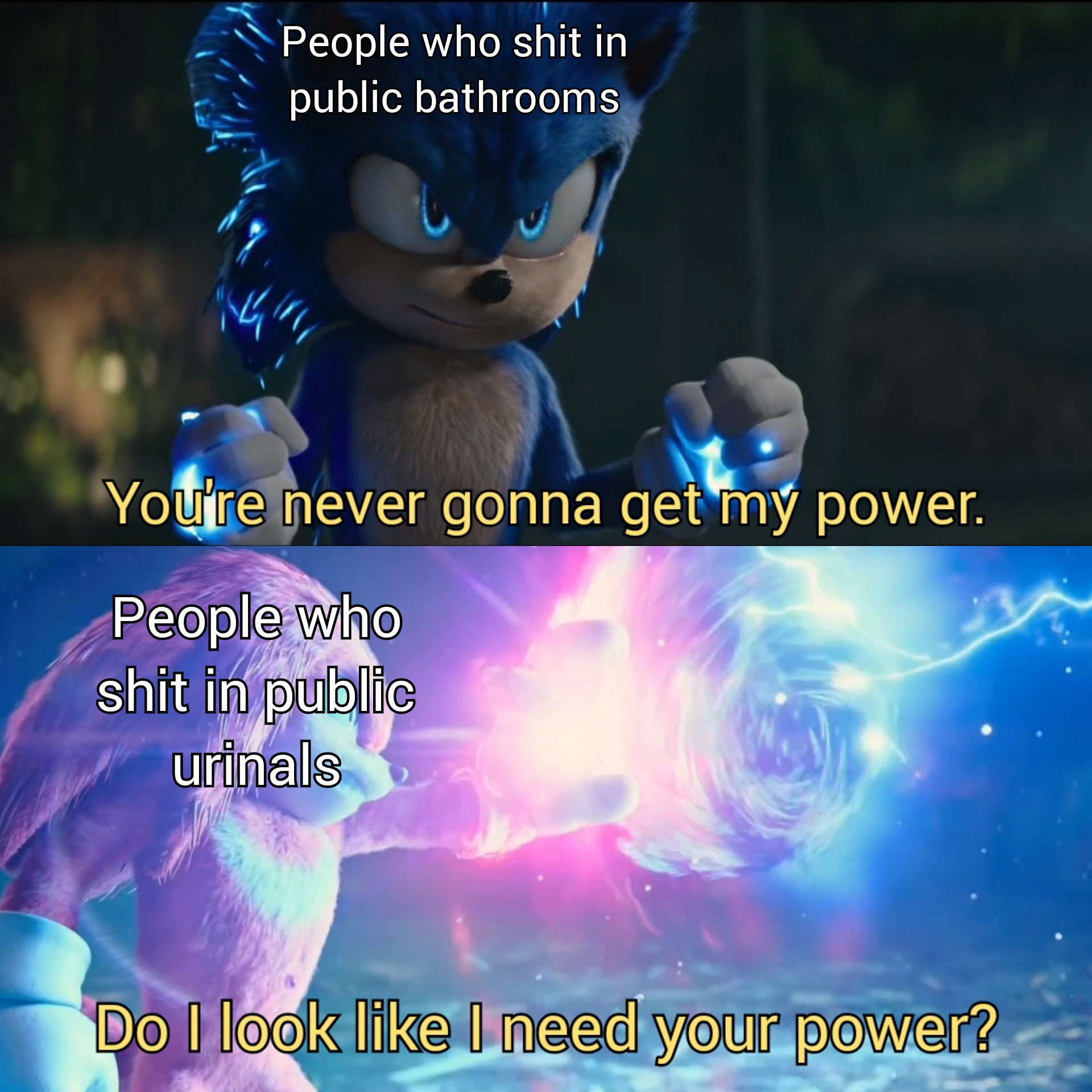 Sonic the Hedgehog - People who shit in public bathrooms You're never gonna get my power. People who shit in public urinals Do I look I need your power?