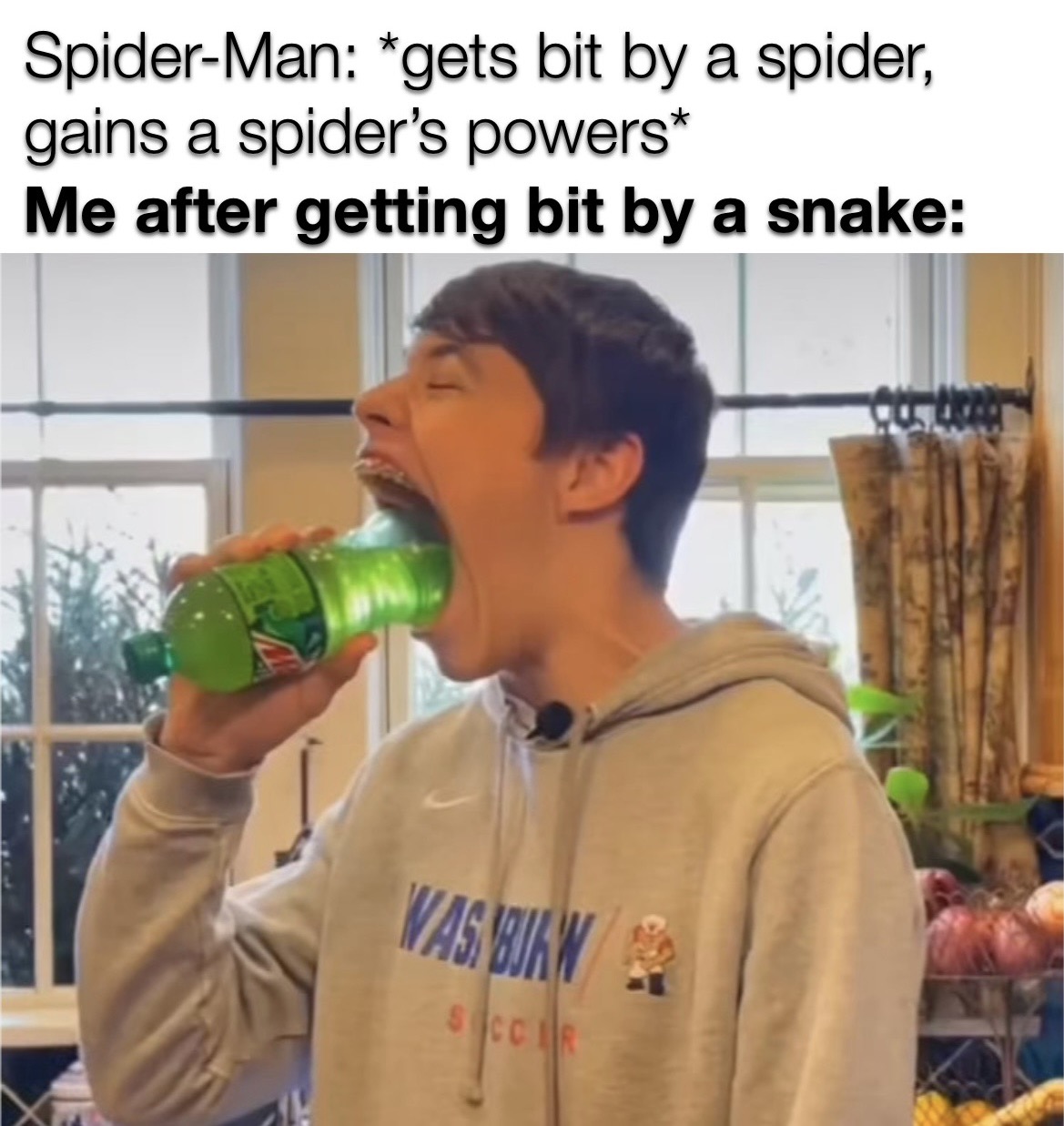 funny memes - dank memes drink - SpiderMan gets bit by a spider, gains a spider's powers Me after getting bit by a snake Was Biaw Siccar