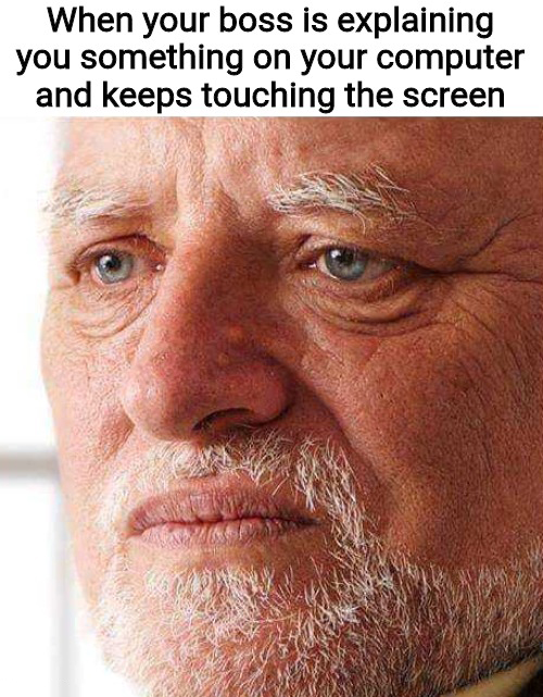 dank memes - funny memes - sad harold - When your boss is explaining you something on your computer and keeps touching the screen