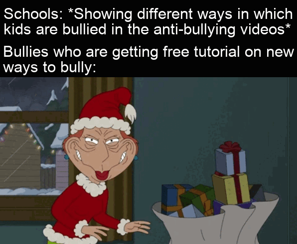 funny memes - lois griffin grinch smile - Schools Showing different ways in which kids are bullied in the antibullying videos Bullies who are getting free tutorial on new ways to bully