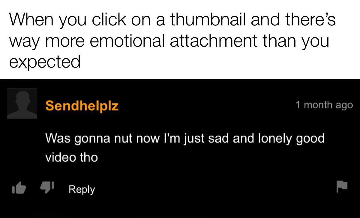 dank memes - multimedia - When you click on a thumbnail and there's way more emotional attachment than you expected Sendhelplz 1 month ago Was gonna nut now I'm just sad and lonely good video tho