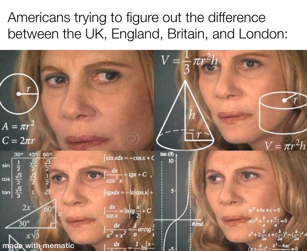 dnd math meme - Americans trying to figure out the difference between the Uk, England, Britain, and London V trh 3 h A nr 2 C 2tr V arah sin xdxCosxC tan 0 10 sin 30 45 600 V2 V3 2 V3 Ve dx 2 Cos X tgx C, N Ni Cos tan vs 5 Jlgxdx Incosx 2x dx 609 Inco C C
