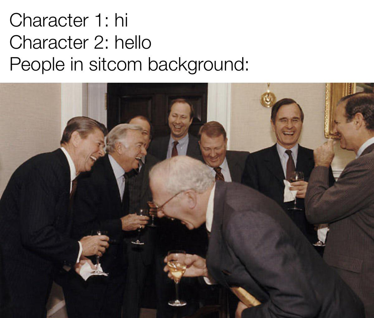 69 math meme - Character 1 hi Character 2 hello People in sitcom background