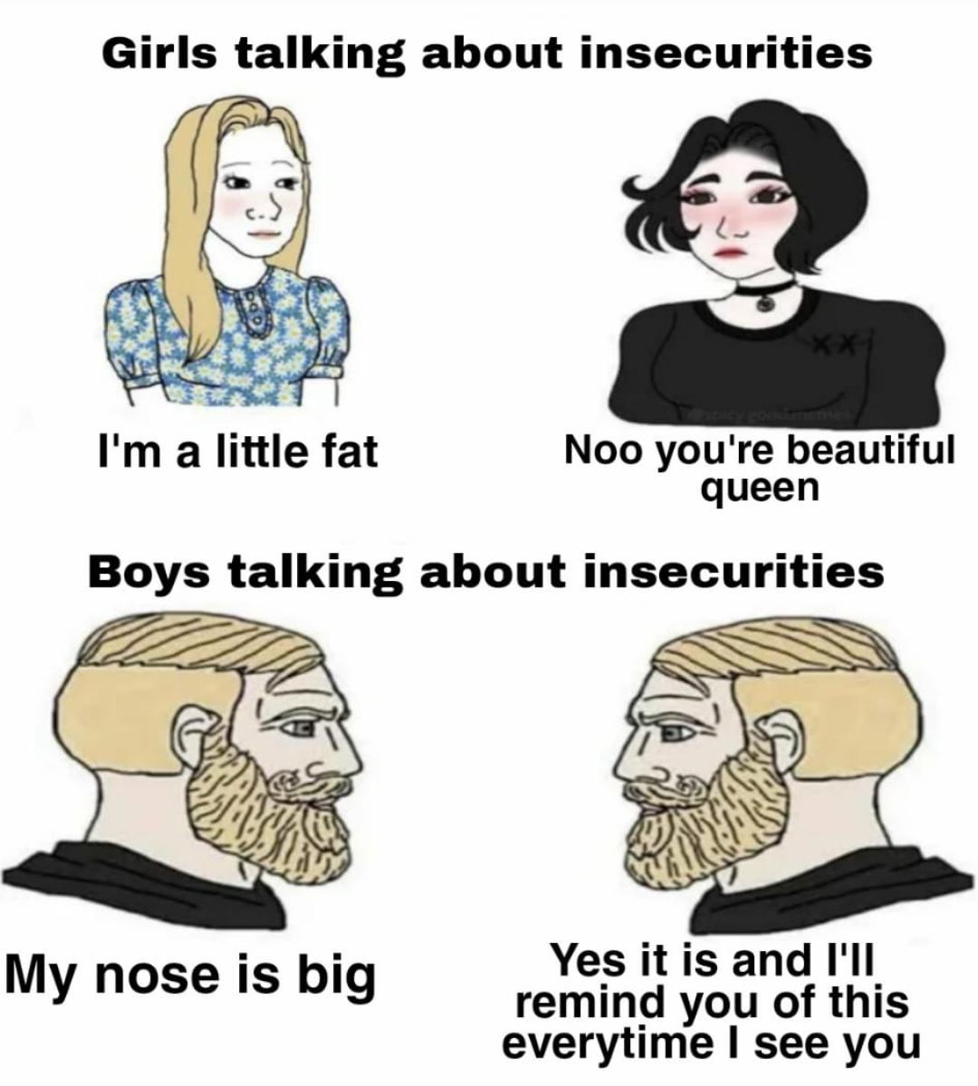 funny memes  - freddie mercury meme - Girls talking about insecurities I'm a little fat Noo you're beautiful queen Boys talking about insecurities My nose is big Yes it is and I'll remind you of this everytime I see you