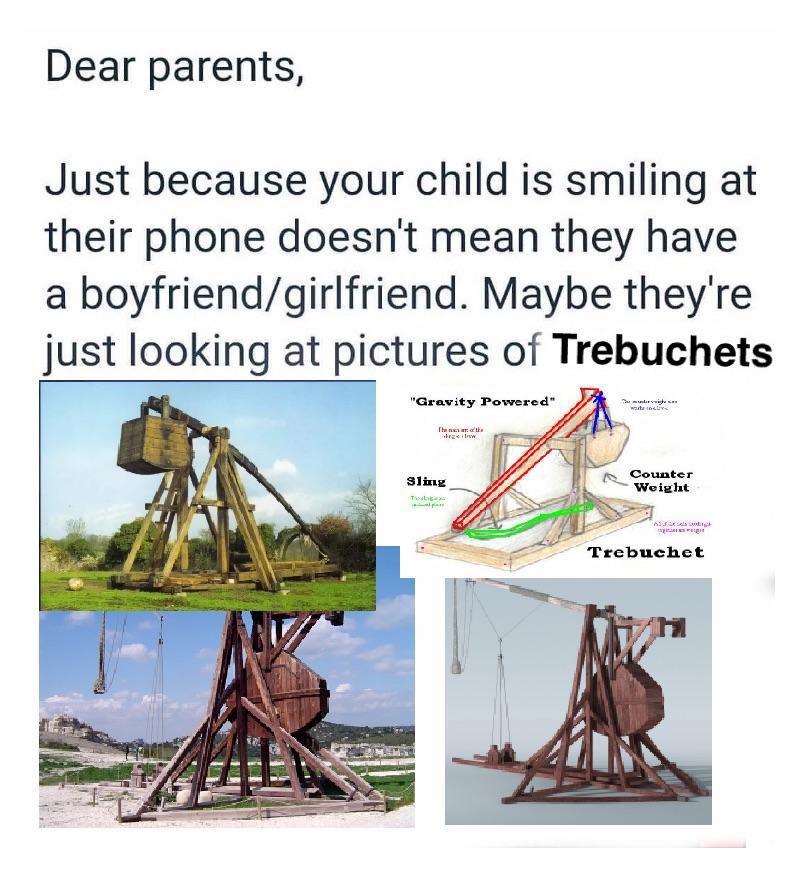 trebuchet memes - Dear parents, Just because your child is smiling at their phone doesn't mean they have a boyfriendgirlfriend. Maybe they're just looking at pictures of Trebuchets "Gravity Powered" veigh wat die The ch hew Sling Counter Weight Liki Ip Tr