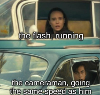 umbrella academy meme car - the flash, running the cameraman, going. the same speed as him