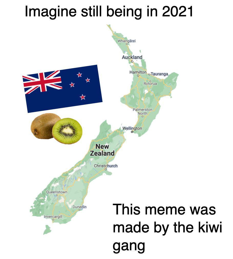 funny memes  - low socioeconomic areas nz - Imagine still being in 2021 Whangarei Auckland Hamilton o Tauranga Rotorua Palmerston North Wellington New Zealand Christchurch Queenstown Dunedin Invercargill This meme was made by the kiwi gang