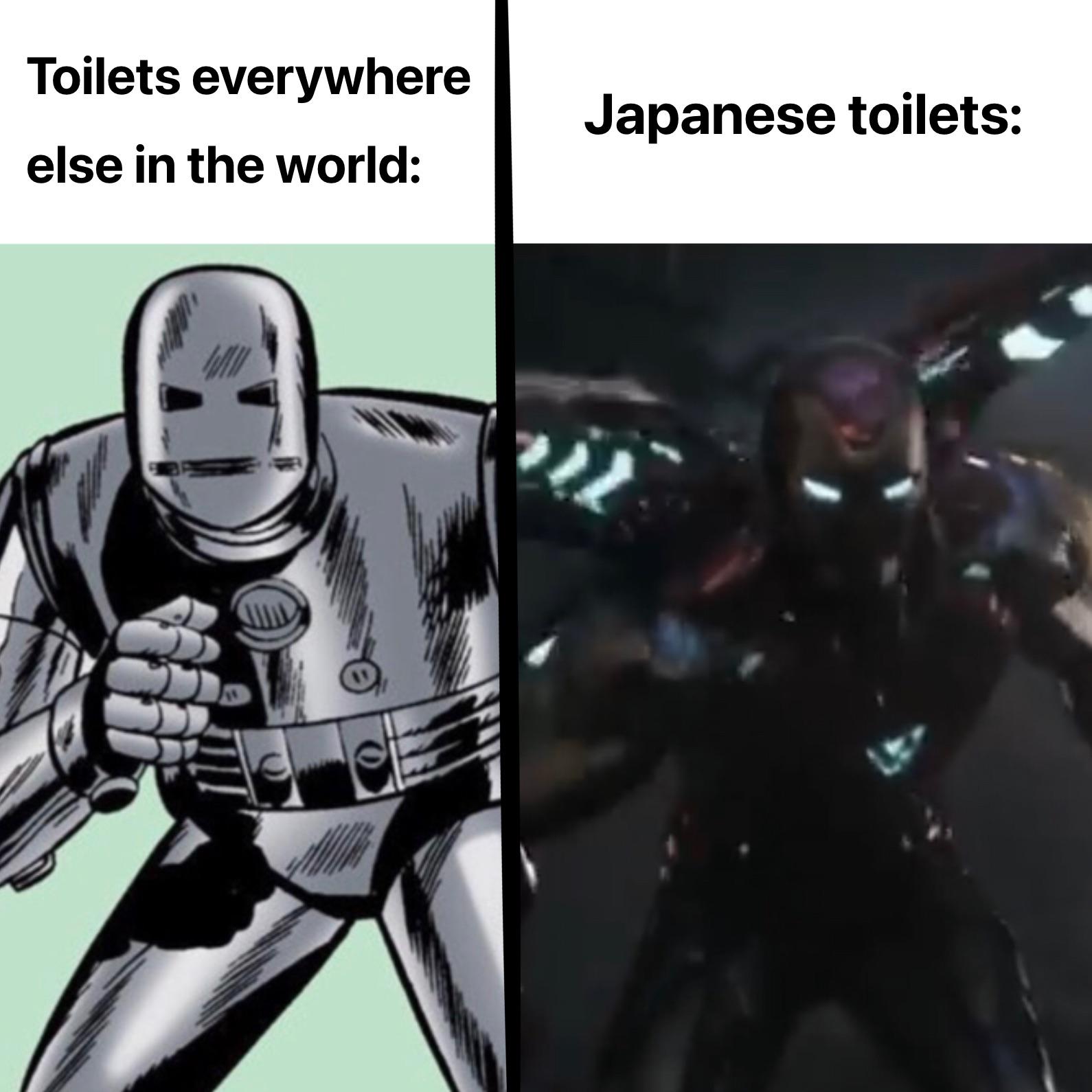 funny memes - dank memes - iron man mark 1 - Toilets everywhere Japanese toilets else in the world {
