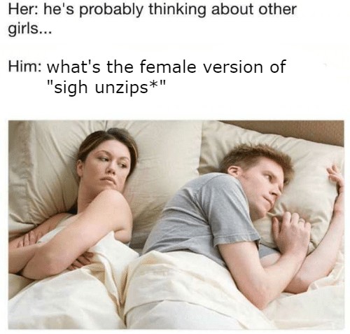 funny memes - dank memes - he's probably thinking about other girls meme - Her he's probably thinking about other girls... Him what's the female version of "sigh unzips"