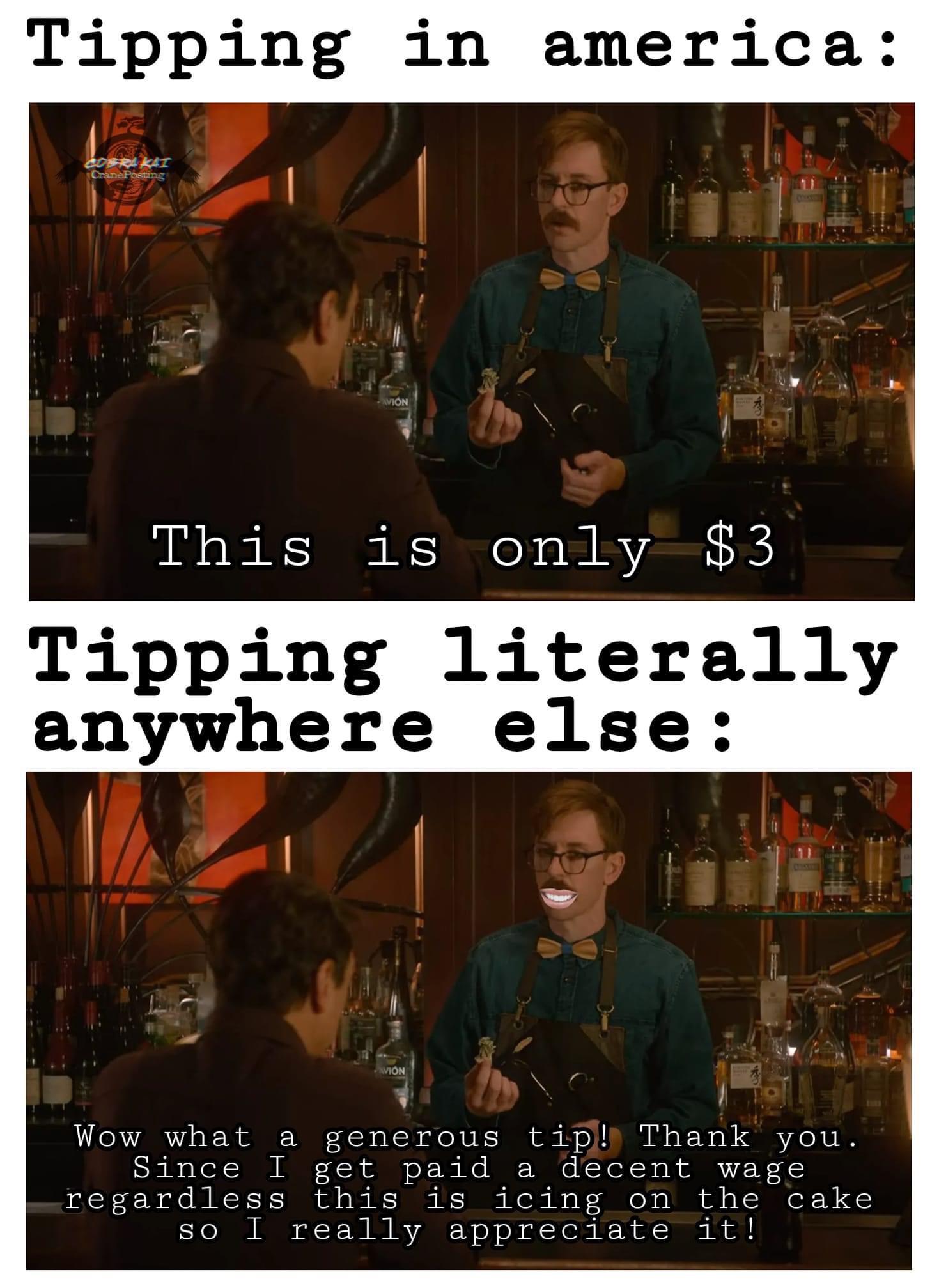 funny memes - dank memes - Tipping in america Drakat CranePosting Avion This is only $3 3 Tipping literally anywhere else Avion Wow what a generous tip! Thank you. Since I get paid a decent wage regardless this is icing on the cake so I really appreciate 