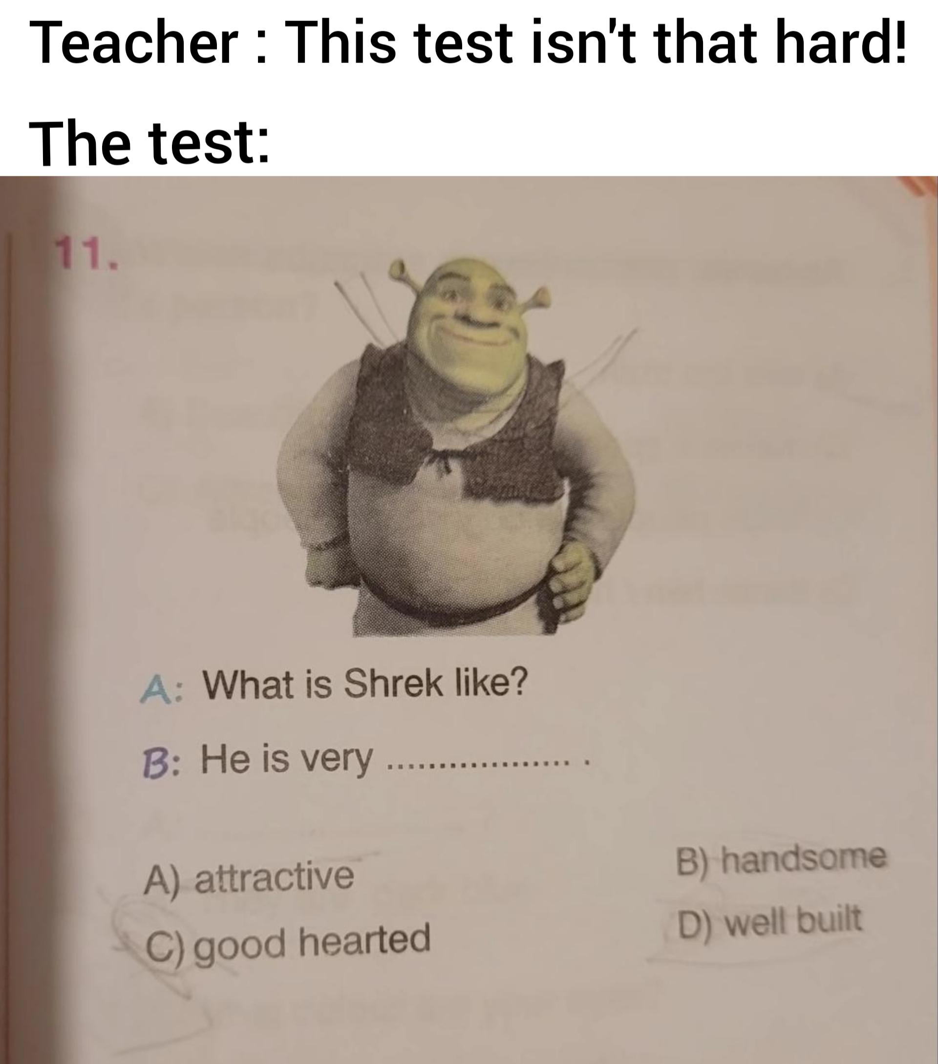shrek chan - Teacher This test isn't that hard! The test 11. A What is Shrek ? B He is very B handsome A attractive C good hearted D well built