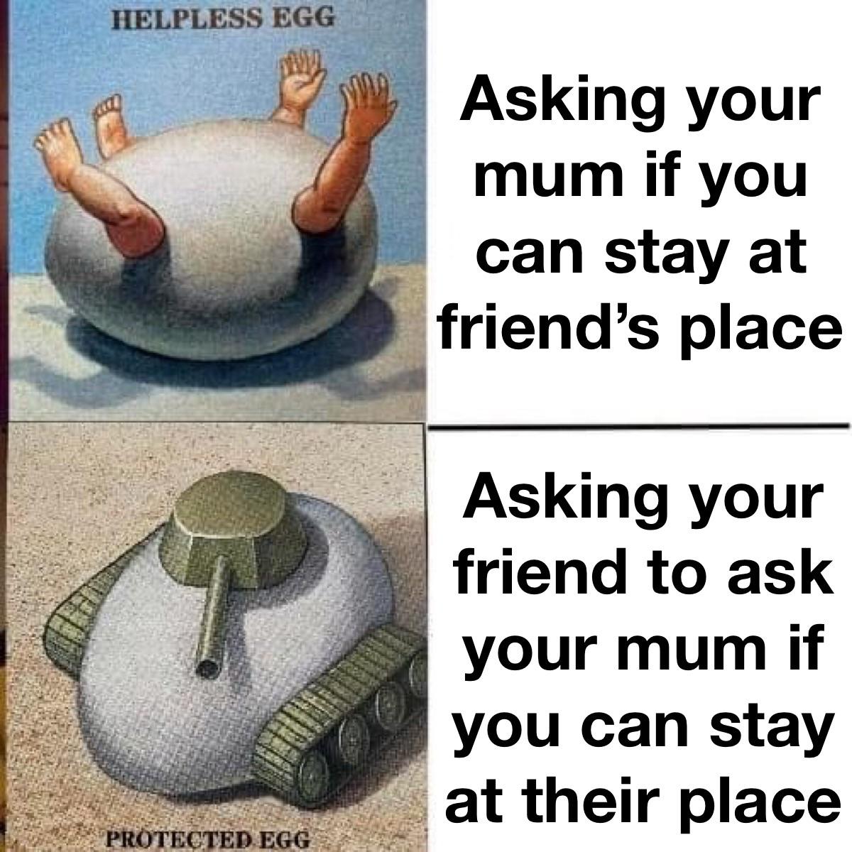 dank memes - funny memes - quotes - Helpless Egg Asking your mum if you can stay at friend's place Asking your friend to ask your mum if you can stay at their place Protected Egg