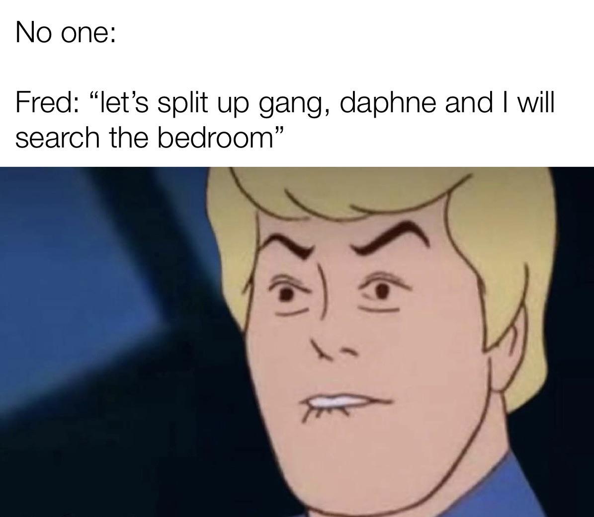 dank memes - funny memes - velmas skirt rides - No one Fred let's split up gang, daphne and I will search the bedroom"