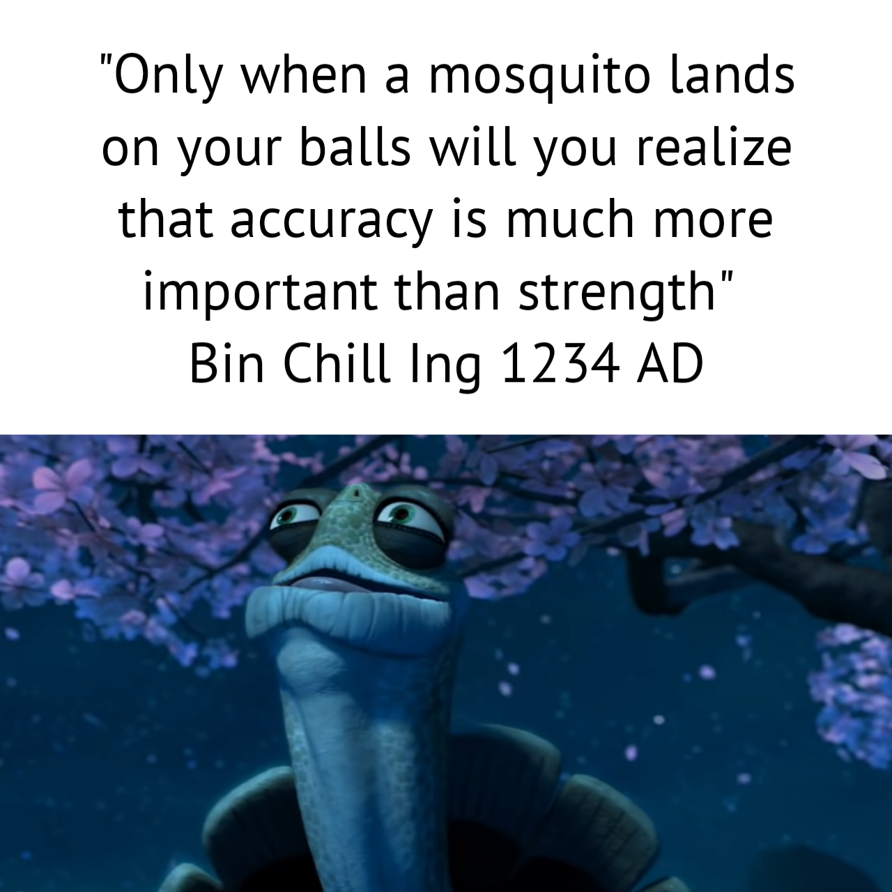 "Only when a mosquito lands on your balls will you realize that accuracy is much more important than strength" Bin Chill Ing 1234 Ad