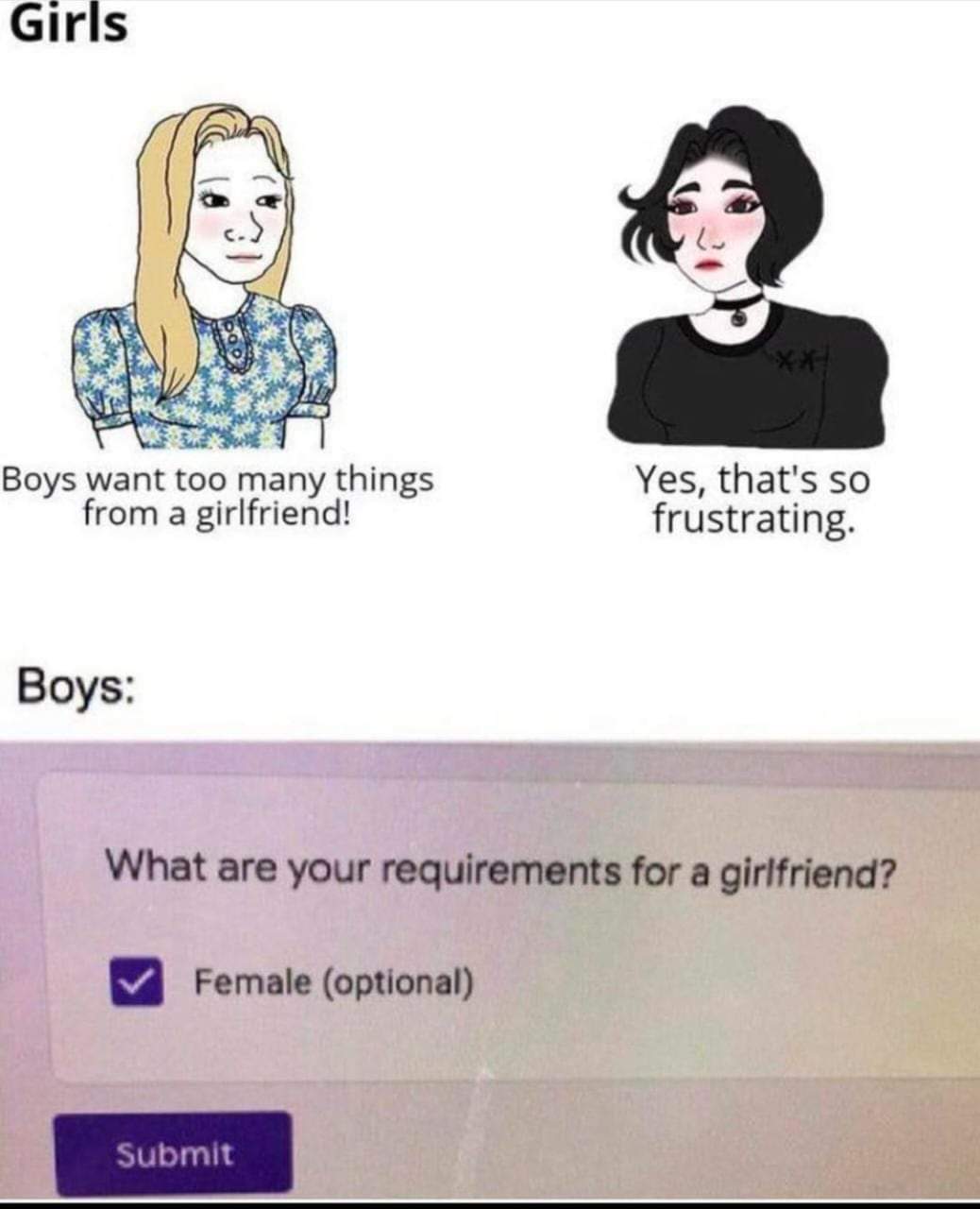 Girls Boys want too many things from a girlfriend! Yes, that's so frustrating Boys What are your requirements for a girlfriend? Female optional Submit