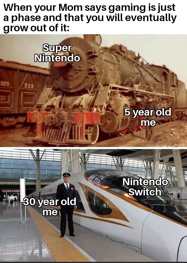 funny memes - han junjia - When your Mom says gaming is just a phase and that you will eventually grow out of it Super Nintendo 029 5 year old me Nintendo Switch T 30 year old me
